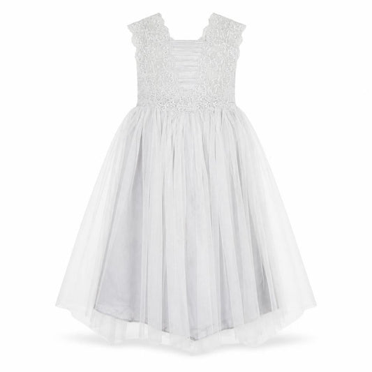 Monsoon Girls White Long A-Line Dress with Lace and Bow
