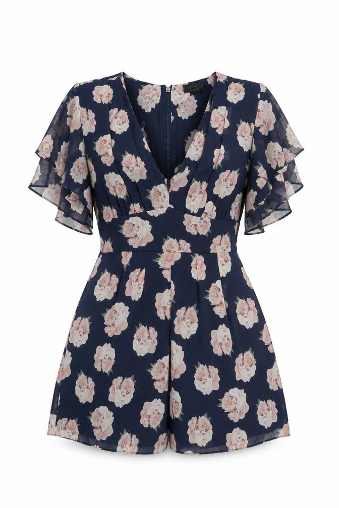 Topshop Women's Blue Floral Playsuit, Size 10, V-Neck, Ruffle