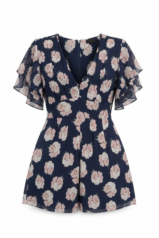 Topshop Women's Blue Floral Playsuit, Size 10, V-Neck, Ruffle