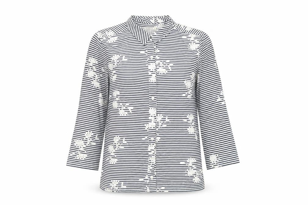 WoolOvers Women's Blue Striped Blouse, S, 3/4 Sleeve