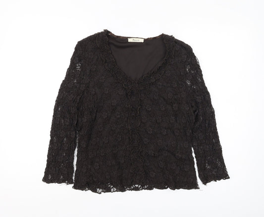 Précis Women's Black Lace Top, Large, 3/4 Sleeve V-Neck