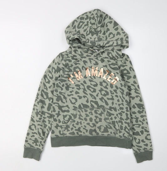 H&M Girls Green Leopard Print Pullover Hoodie, 9-10 Years