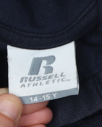 Close-up detail of Russell Athletic boys’ blue pullover hoodie 14-15 years