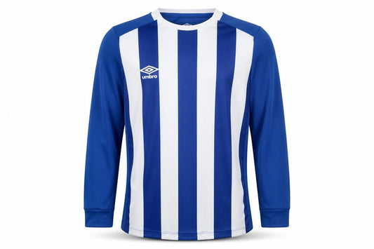 Front view of Umbro boys’ blue/white striped football jersey, size 8-9