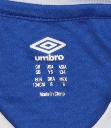 Close-up detail of Umbro boys’ blue/white striped football jersey, size 8-9