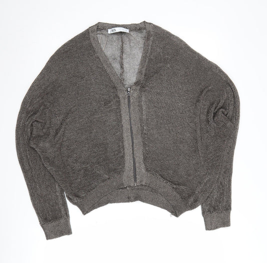 Zara Women’s Grey Full Zip Jumper, Size 12, V-Neck