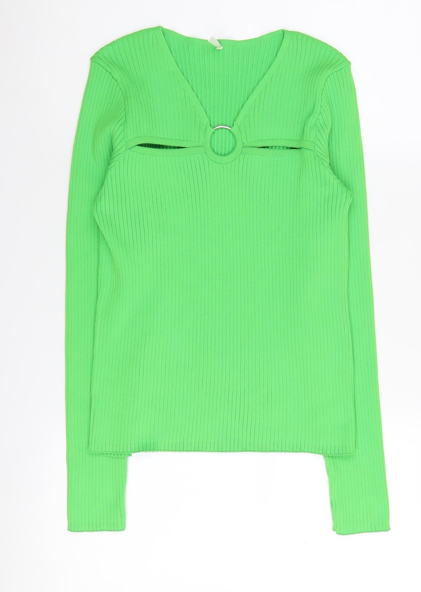 ONLY Women's Green V-Neck Pullover Jumper Size L