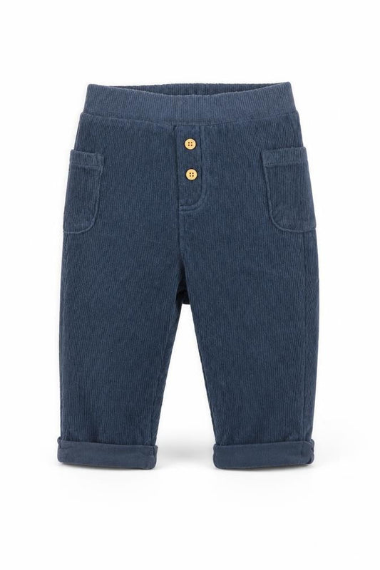 Front view of FatFace boys’ blue corduroy jogger trousers 3-6 months