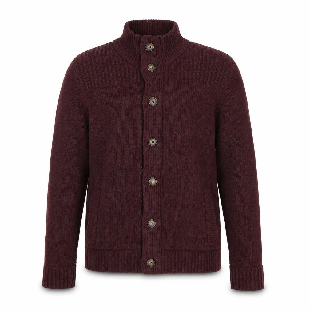 William Hunt Men's Red Cardigan, M, High Neck, Wool Blend