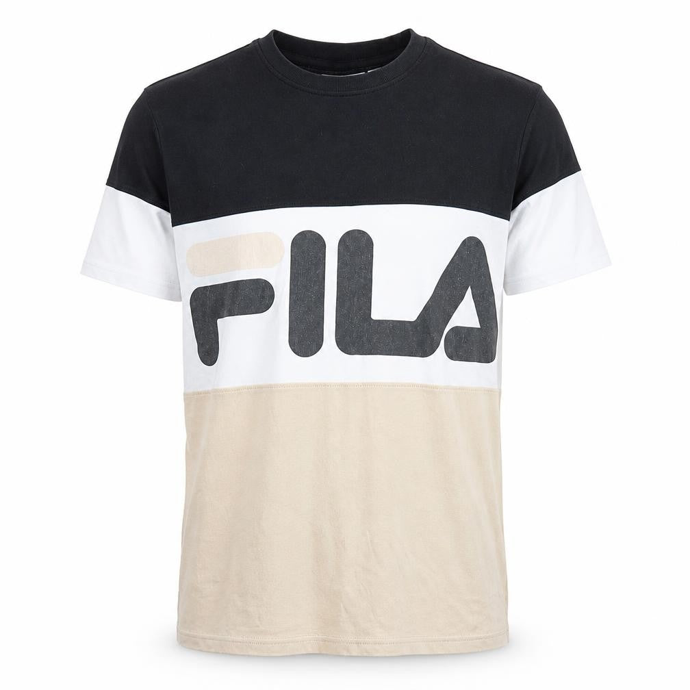 Front view of Fila Men's Black Beige Colourblock T-Shirt, size S