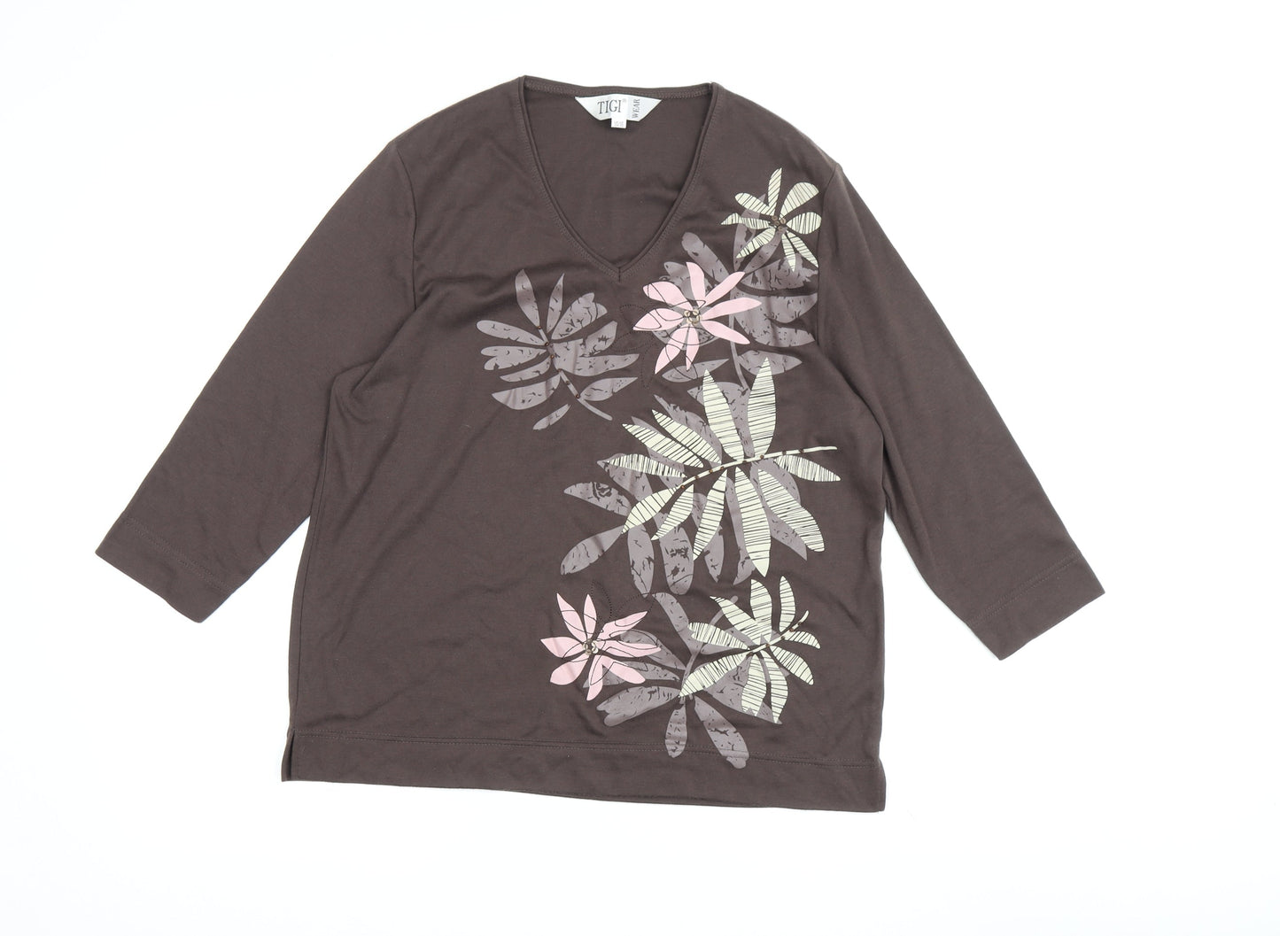 TIGI Wear Women's Grey Floral T-Shirt, Size 14, Casual Elegance
