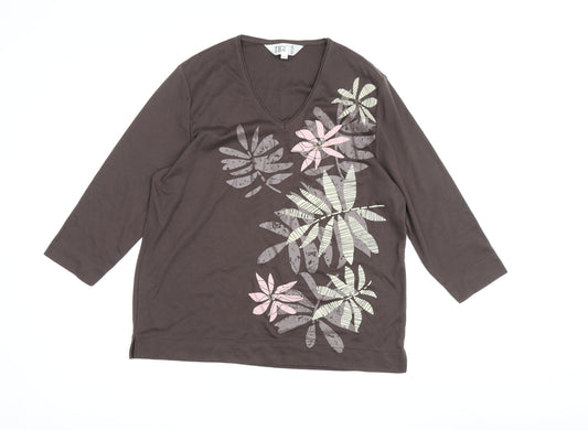 TIGI Wear Women's Grey Floral T-Shirt, Size 14, Casual Elegance