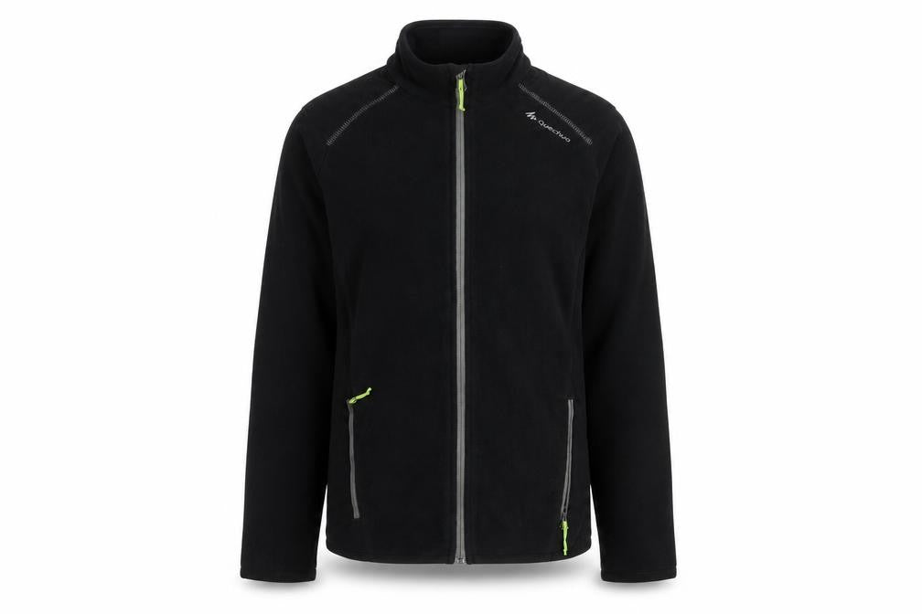 Front view of Decathlon girls’ black fleece jacket, size 12, lightweight activewear