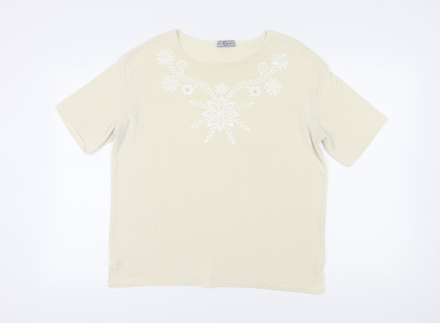 Must Women's Beige Floral Embroidered T-Shirt 2XL Casual