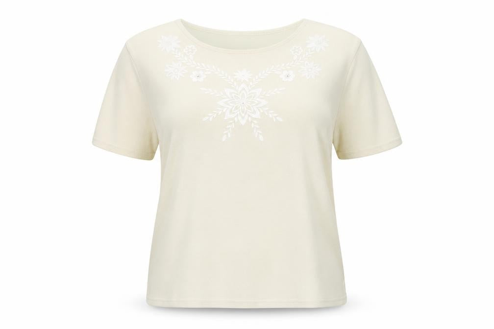 Must Women's Beige Floral Embroidered T-Shirt 2XL Casual