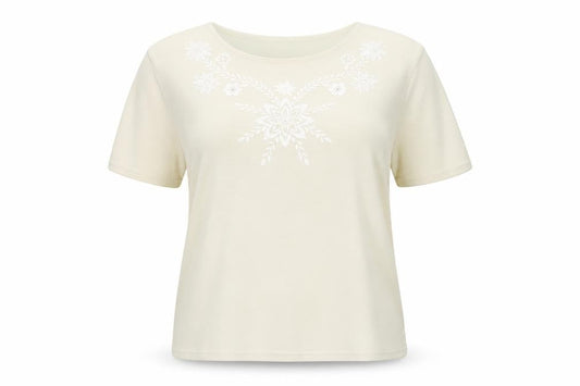 Must Women's Beige Floral Embroidered T-Shirt 2XL Casual