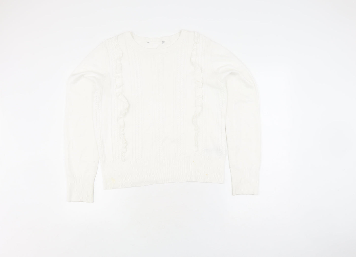 Oasis Women's White Pullover Jumper, Size M, Ruffle Accent