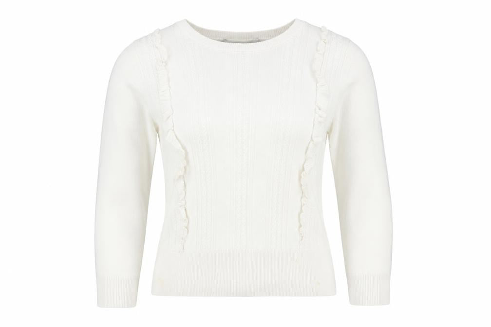 Oasis Women's White Pullover Jumper, Size M, Ruffle Accent