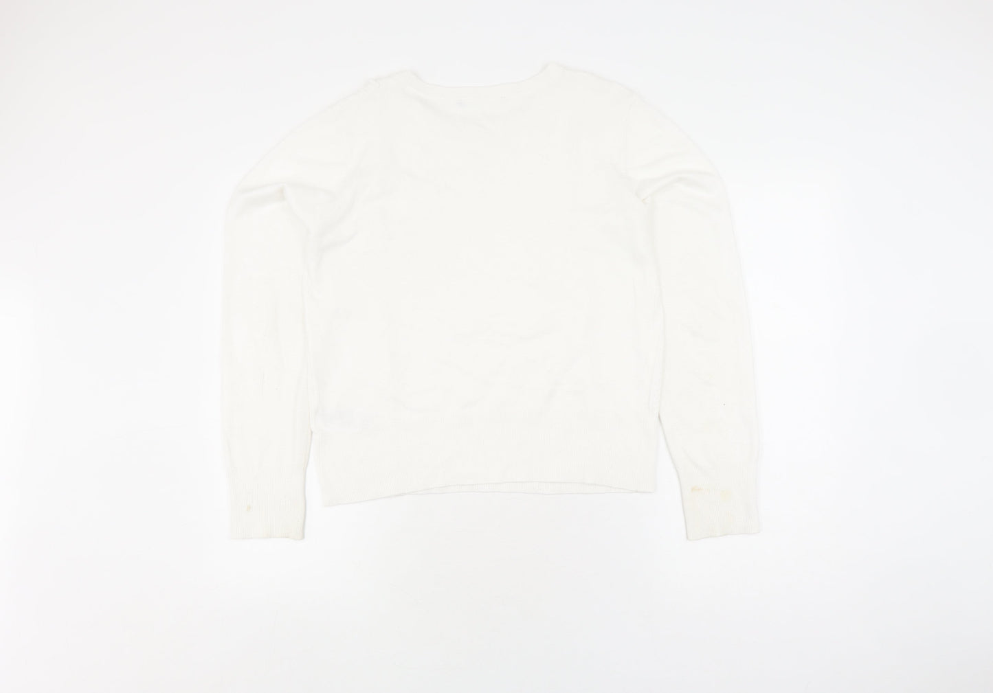 Oasis Women's White Pullover Jumper, Size M, Ruffle Accent