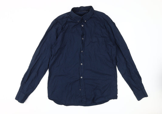 French Connection Men's Blue Collared Button-Up Shirt L