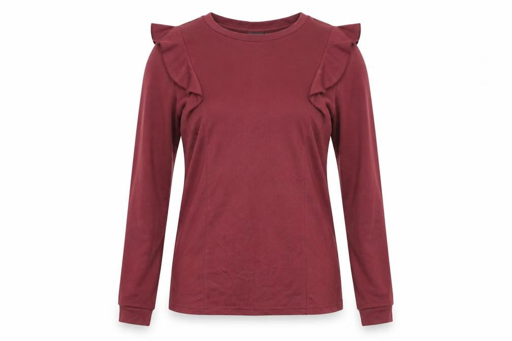 ICHI Women's Red Ruffle Jersey Blouse - Size S