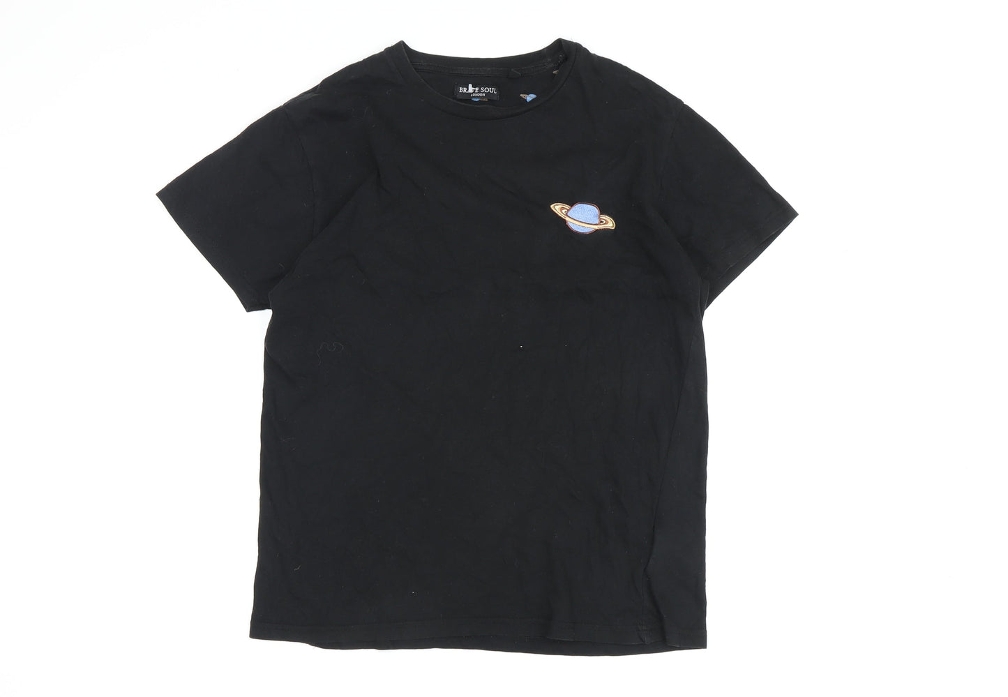 Brave Soul Boys Black Space T-Shirt Small Basic Embroidered