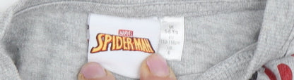 Close-up detail of boys’ grey spider-man long sleeve t-shirt, size 5-6, years