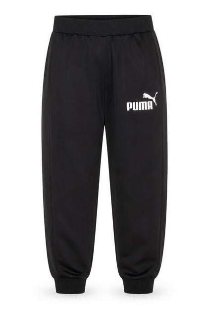 Front view of Puma boys’ black joggers l tapered sports trousers