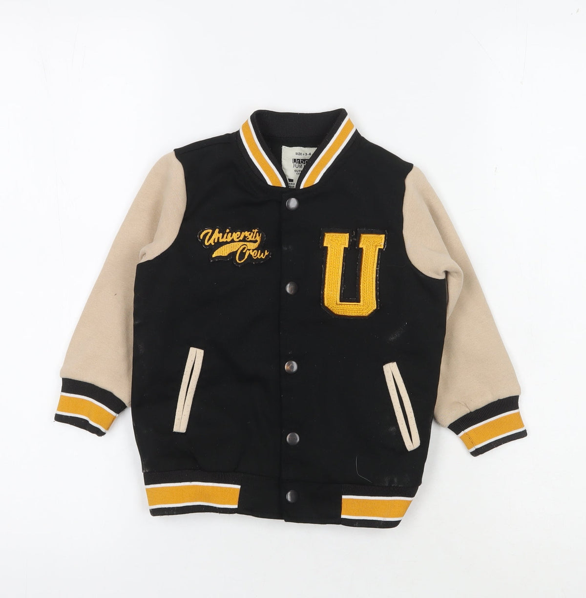 Additional front view of Urban Junior boys’ black varsity jacket 3-4 years