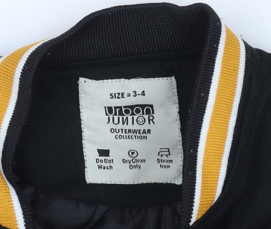Close-up detail of Urban Junior boys’ black varsity jacket 3-4 years