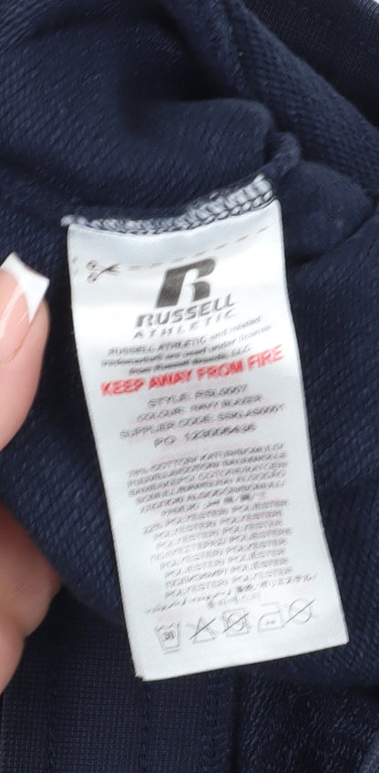 Close-up detail of Russell Athletic boys’ blue shorts 14-15y athletic gym style