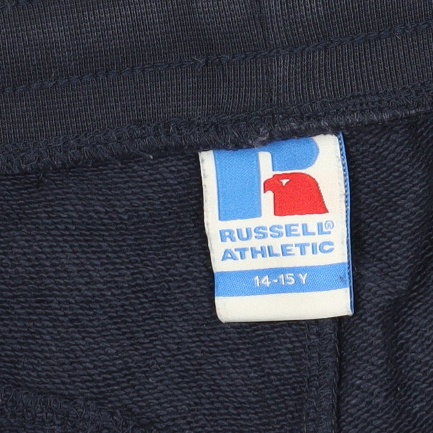 Brand and care label for Russell Athletic boys’ blue shorts 14-15y athletic gym style