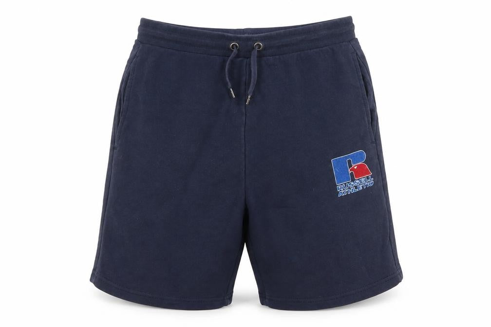 Front view of Russell Athletic boys’ blue gym shorts 15-16y