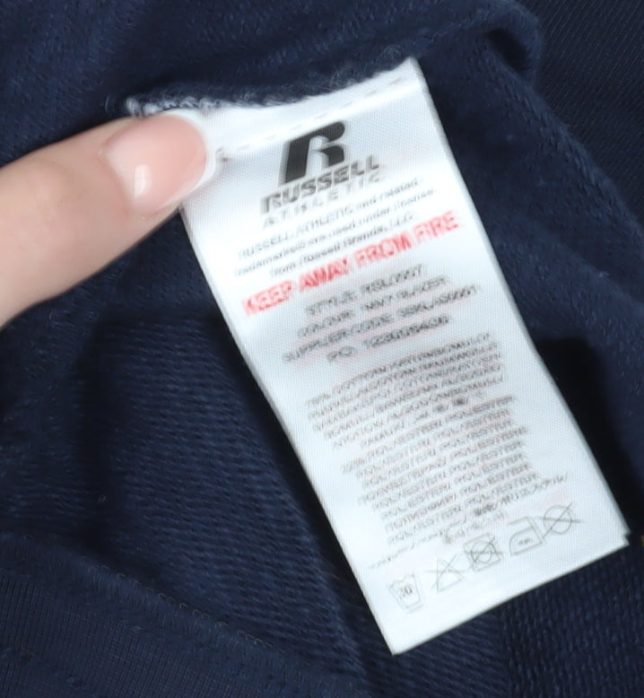Close-up detail of Russell Athletic boys’ blue gym shorts 15-16y