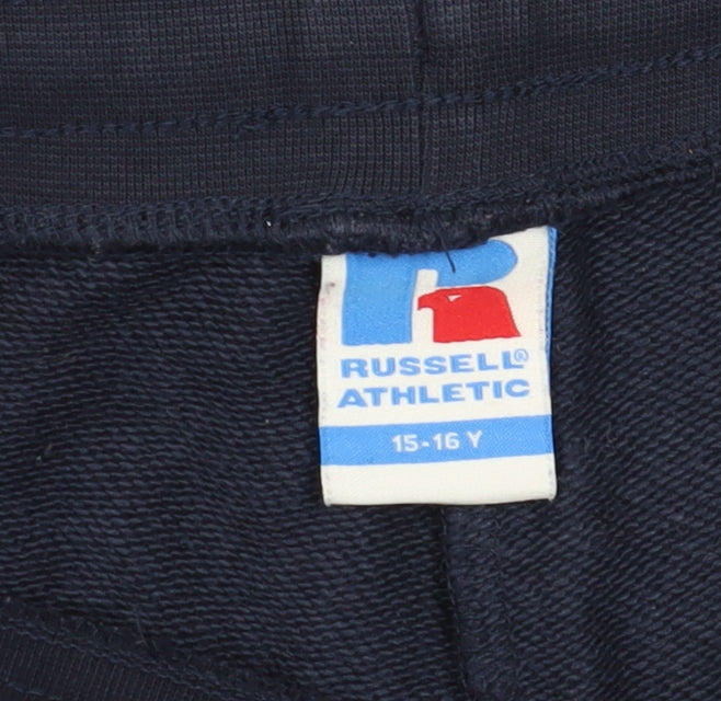 Brand and care label for Russell Athletic boys’ blue gym shorts 15-16y