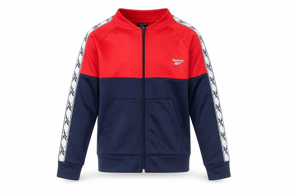 Front view of Reebok boys’ red and blue full zip sweatshirt, size 8