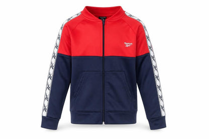 Front view of Reebok boys’ red and blue full zip sweatshirt, size 8
