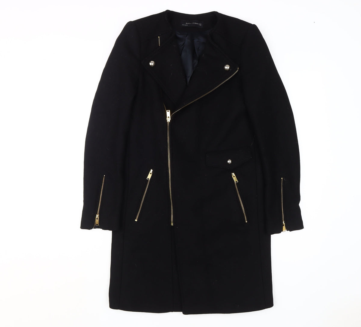 Additional front view of Zara Woman Black Motorcycle Coat XS Slim Fit