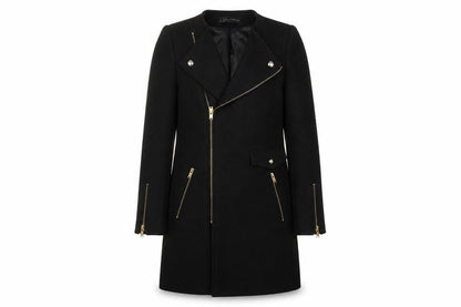 Front view of Zara Woman Black Motorcycle Coat XS Slim Fit