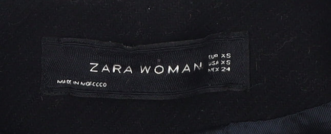 Close-up detail of Zara Woman Black Motorcycle Coat XS Slim Fit