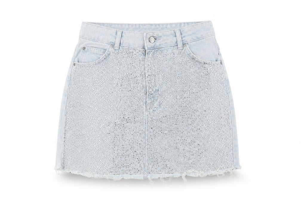 Topshop Women’s Blue Denim Mini Skirt, Size 10, Rhinestone
