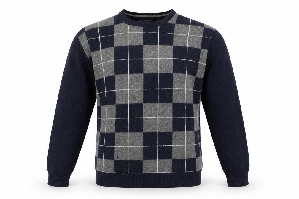 Maine New England Men's L Blue Grey Check Jumper