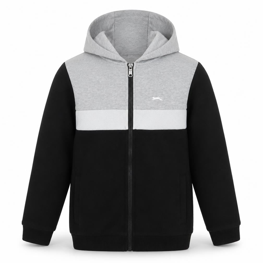 Front view of Slazenger boys’ colourblock hoodie grey black 11-12 years