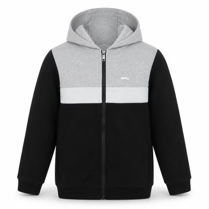 Front view of Slazenger boys’ colourblock hoodie grey black 11-12 years