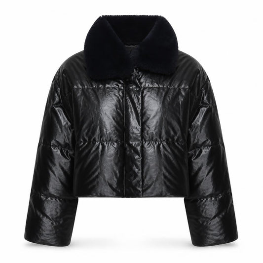 Front view of Missguided Women's Black Puffer Jacket, size 12, Faux Leather