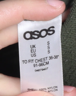 Brand and care label for ASOS Men's Green Puffer Jacket, size S