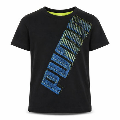 Front view of Puma boys’ black graphic t-shirt 5-6 years, logo accent