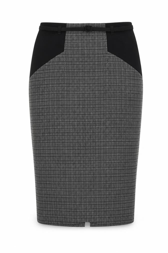 Marks & Spencer Black Check Pencil Skirt, Size 8, Belted