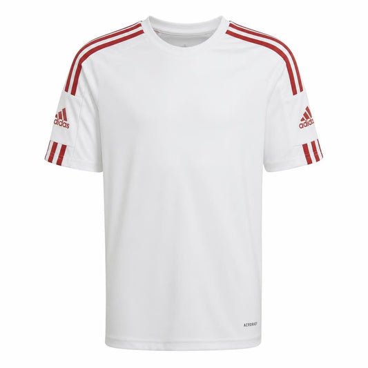 Front view of Adidas boys’ white football jersey, size 16, athletic fit