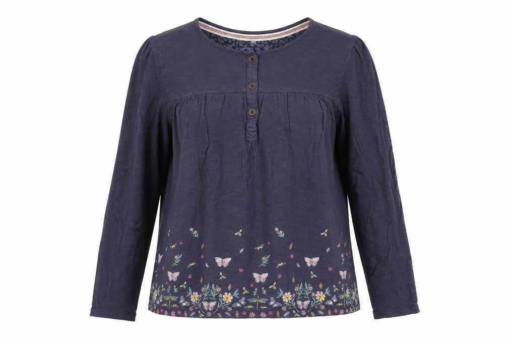 FatFace Teen Blue Floral Long Sleeve Henley Blouse